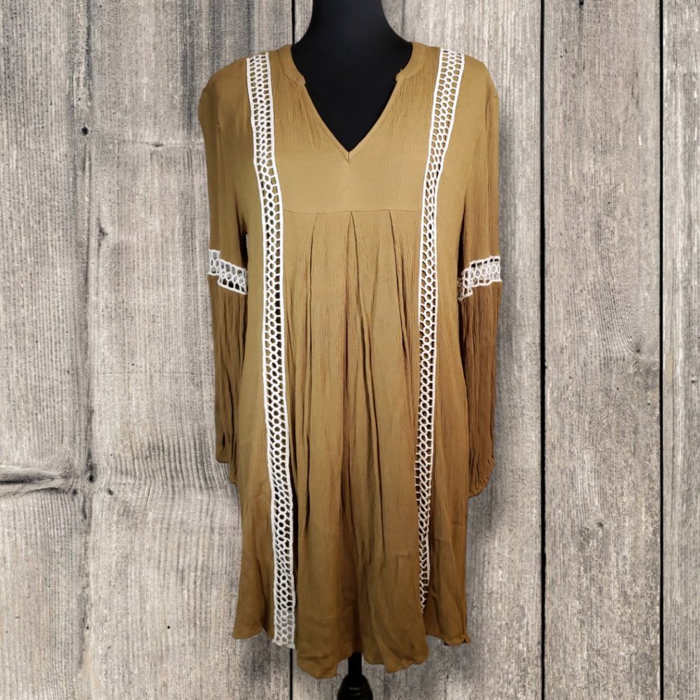 Entro Womens Golden Tan Crochet Lace Detail Flowy A-Line Mini Dress, Small